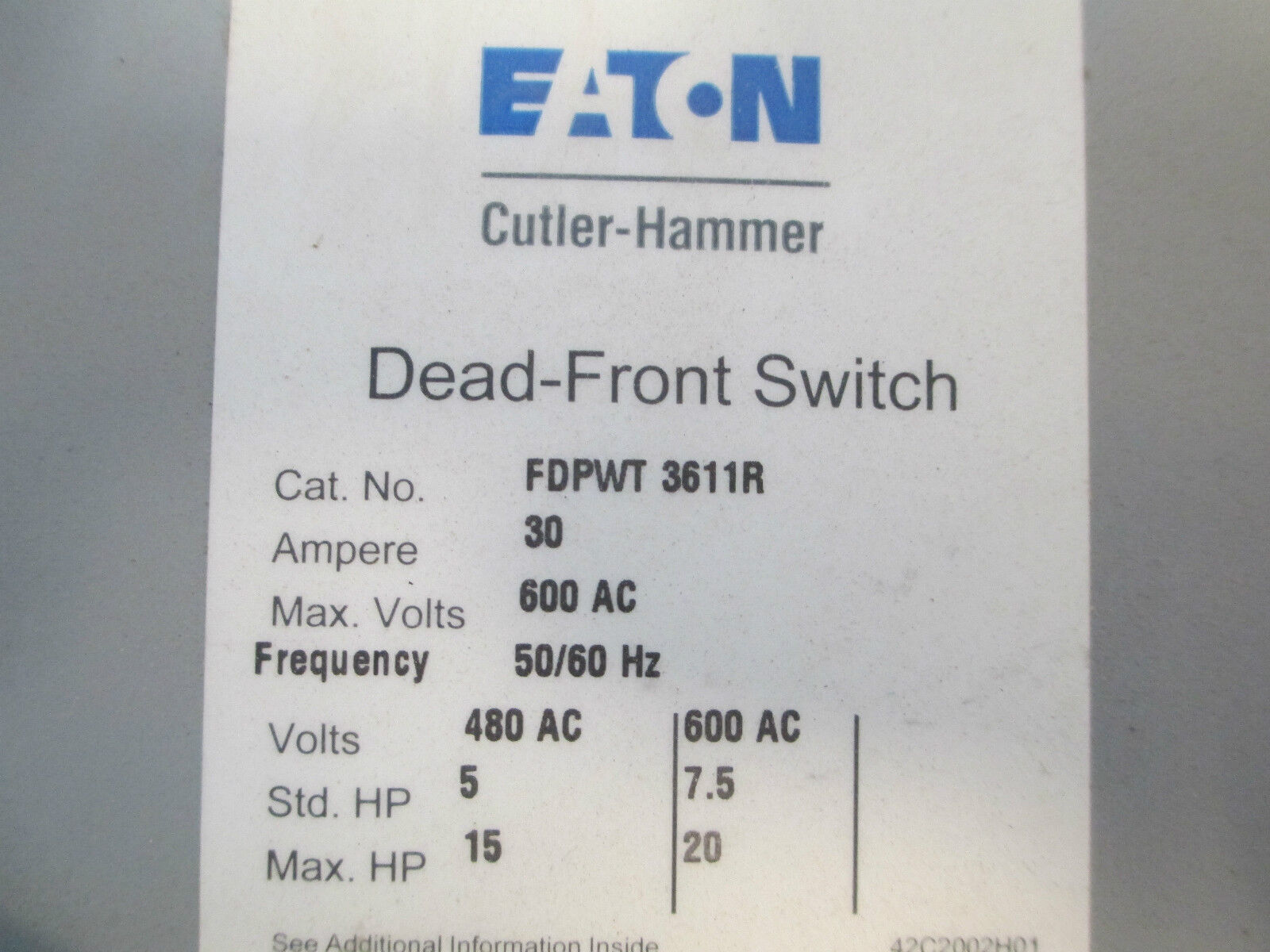 Cutler-Hammer Panel Board Switch FDPWT 3611R 30A 600V Twin Switch Used