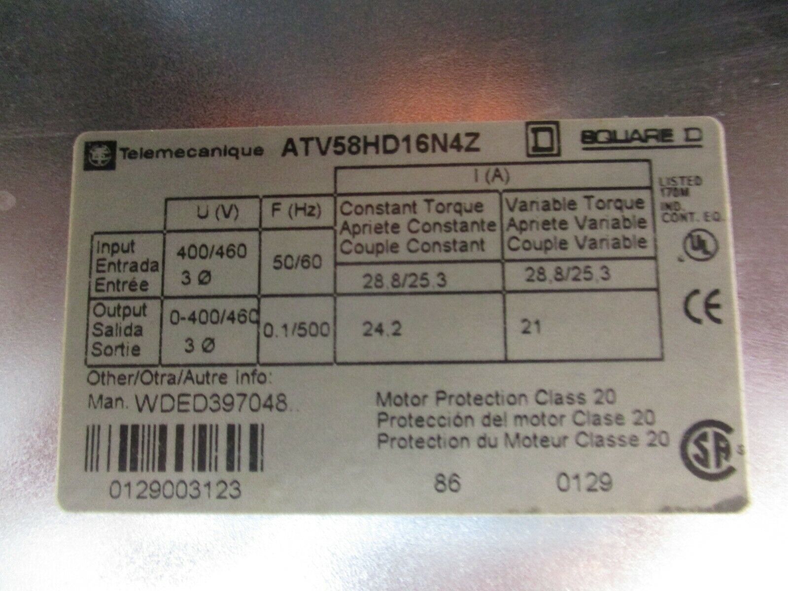 Square D Altivar 58 AC Drive ATV58HD16N4Z 15HP w/ VW3A58202 I/O Card *No Keypad*