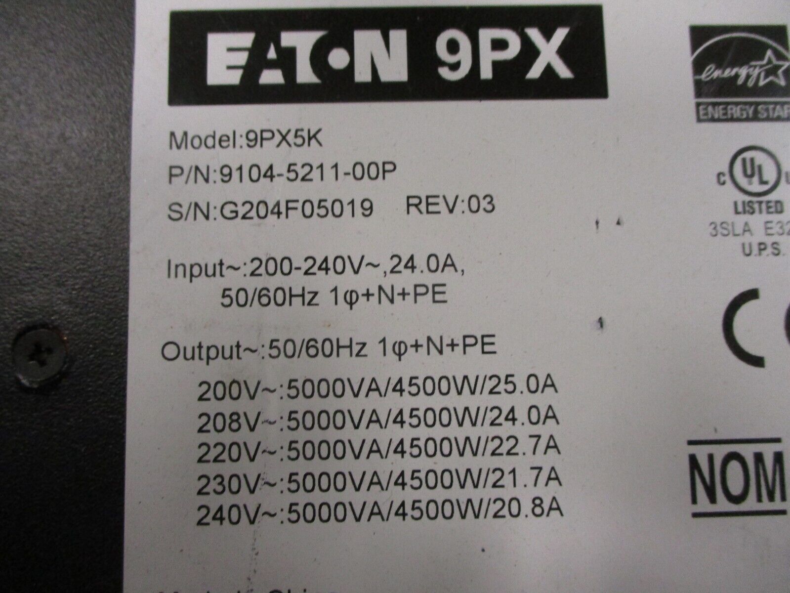 Eaton 9PX5K UPS 9104-5211-00P Rev. 03 5000VA Used
