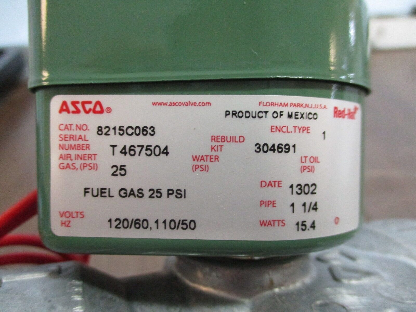 Asco Red-Hat Solenoid Valve 8215C063 120V 25PSI New Surplus