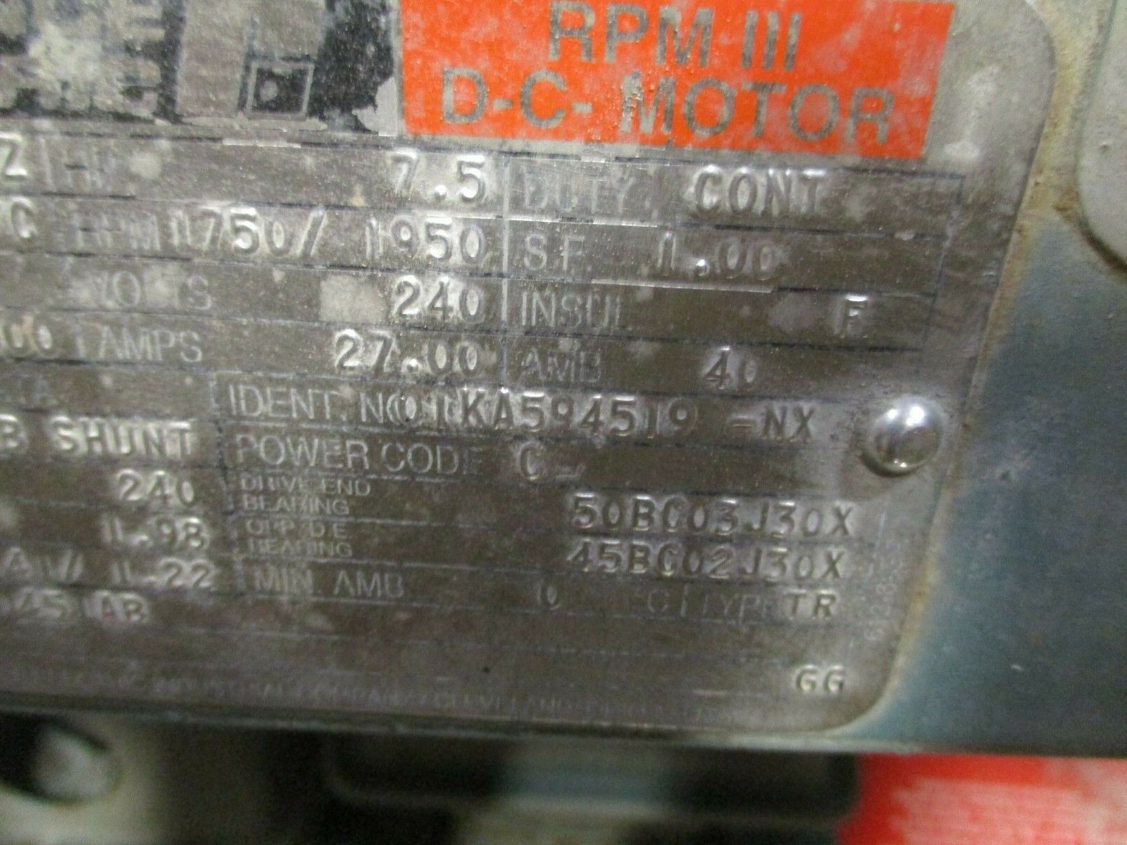 Reliance DC Motor SC2113ATZ Frame 7.5HP 1750/1950RPM 240V 27A Field Volts: 240V
