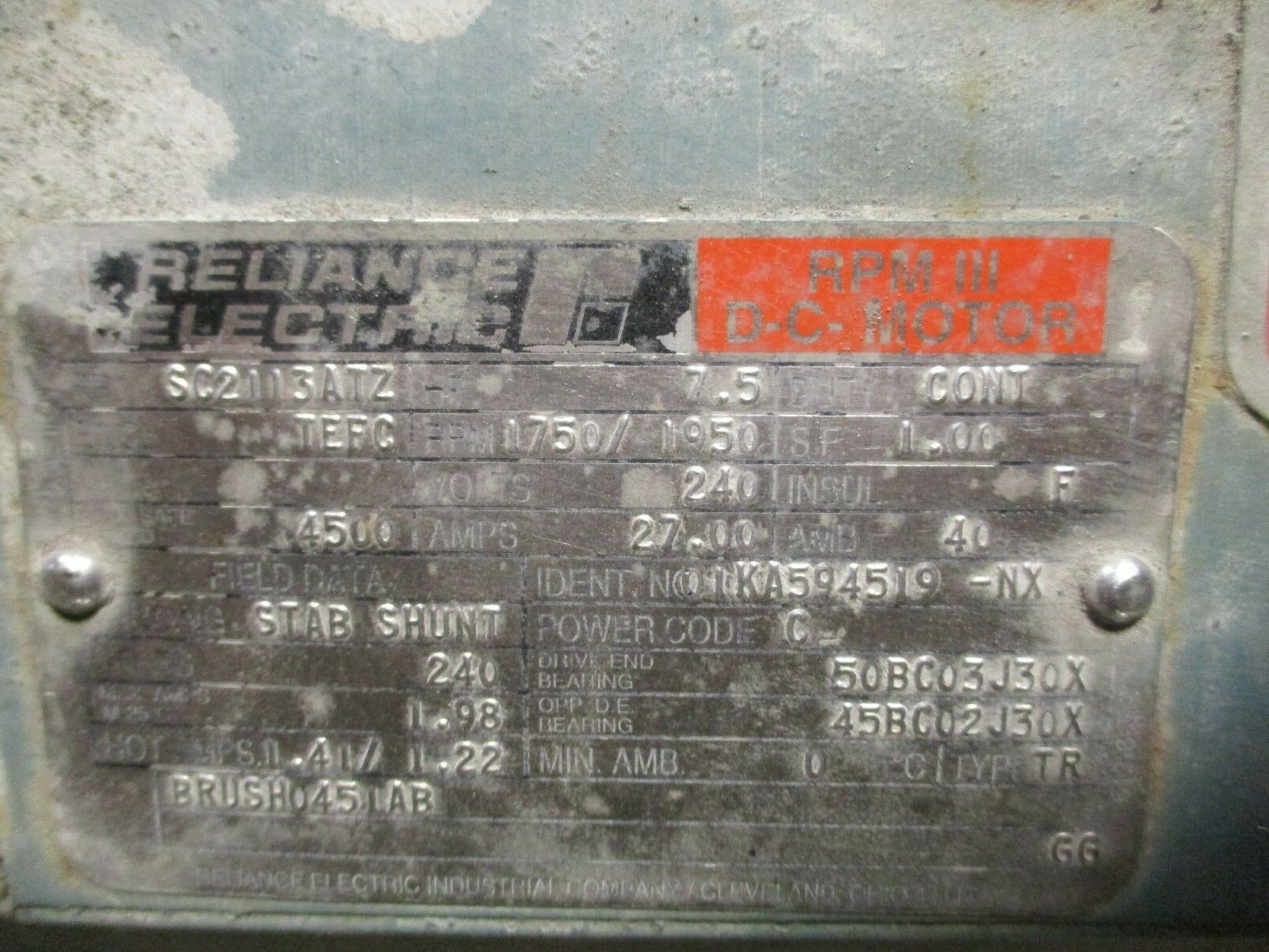 Reliance DC Motor SC2113ATZ Frame 7.5HP 1750/1950RPM 240V 27A Field Volts: 240V