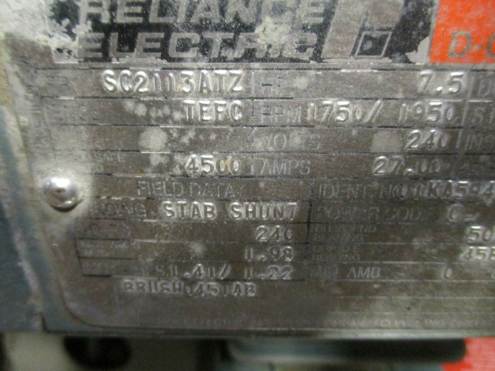 Reliance DC Motor SC2113ATZ Frame 7.5HP 1750/1950RPM 240V 27A Field Volts: 240V