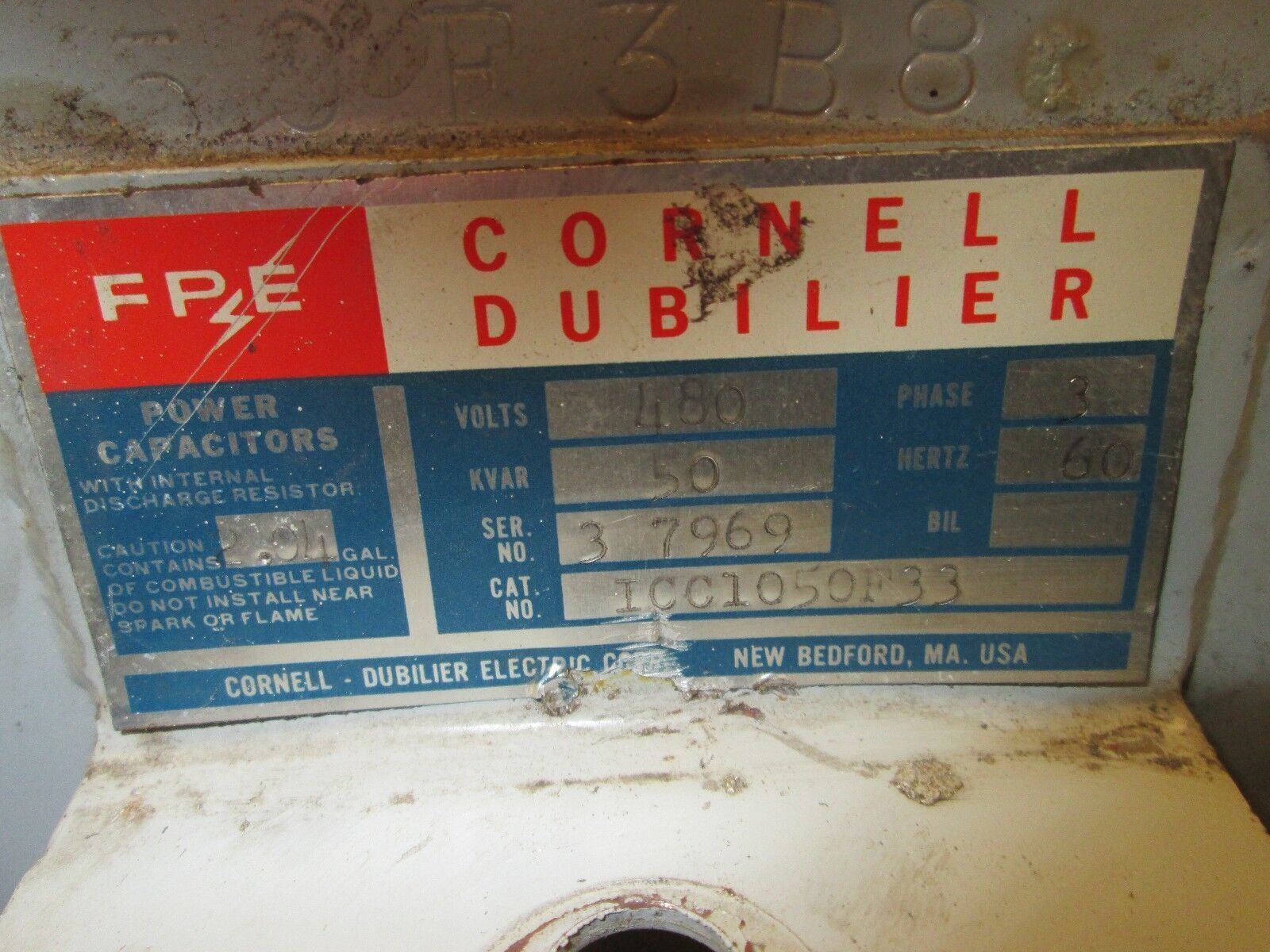FPE / Cornell Dubilier Power Capacitor ICC1050F33 480V 50KVAR 3Ph 60Hz Used