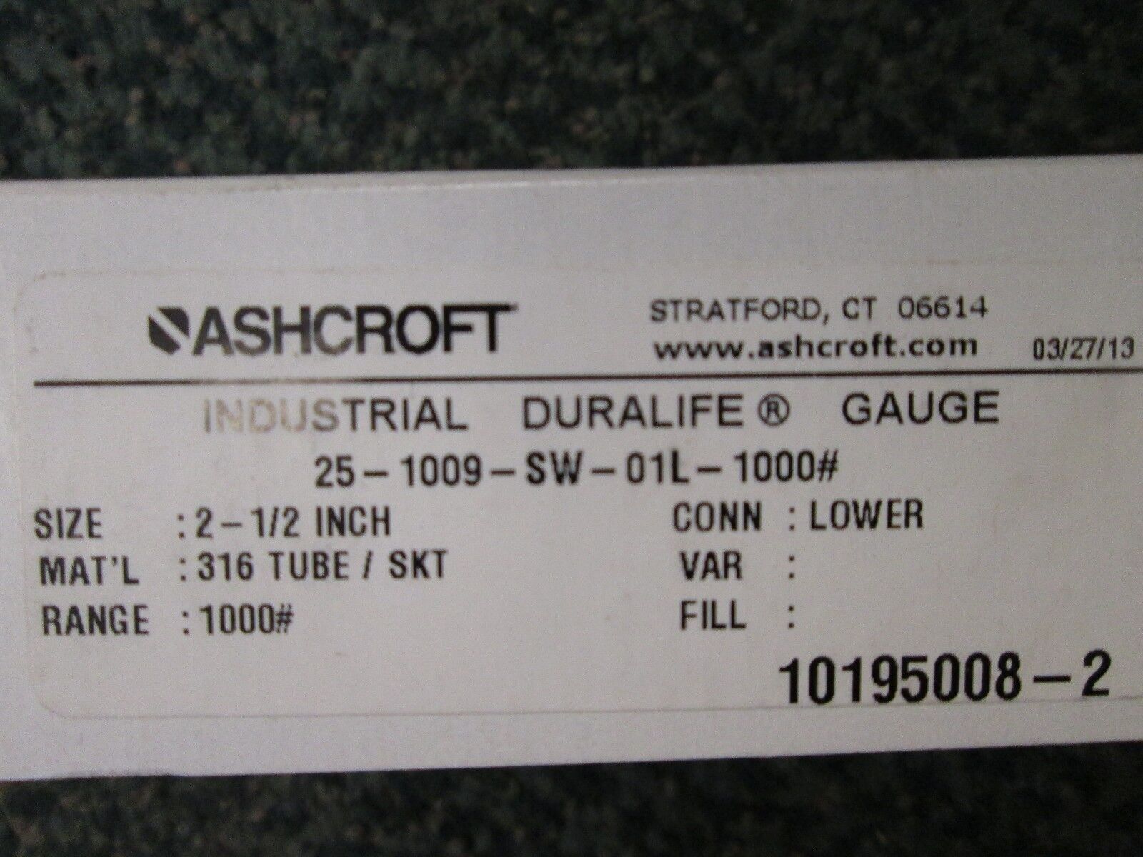 Ashcroft Industrial Duralife Gauge 25-1009-SW-01L-1000#