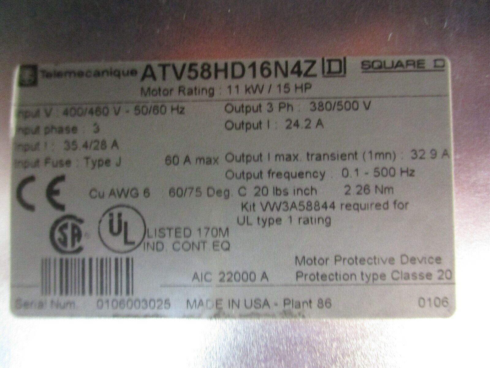 Square D Altivar 58 AC Drive ATV58HD16N4Z 15HP w/ VW3A58202 I/O Card *No Keypad*