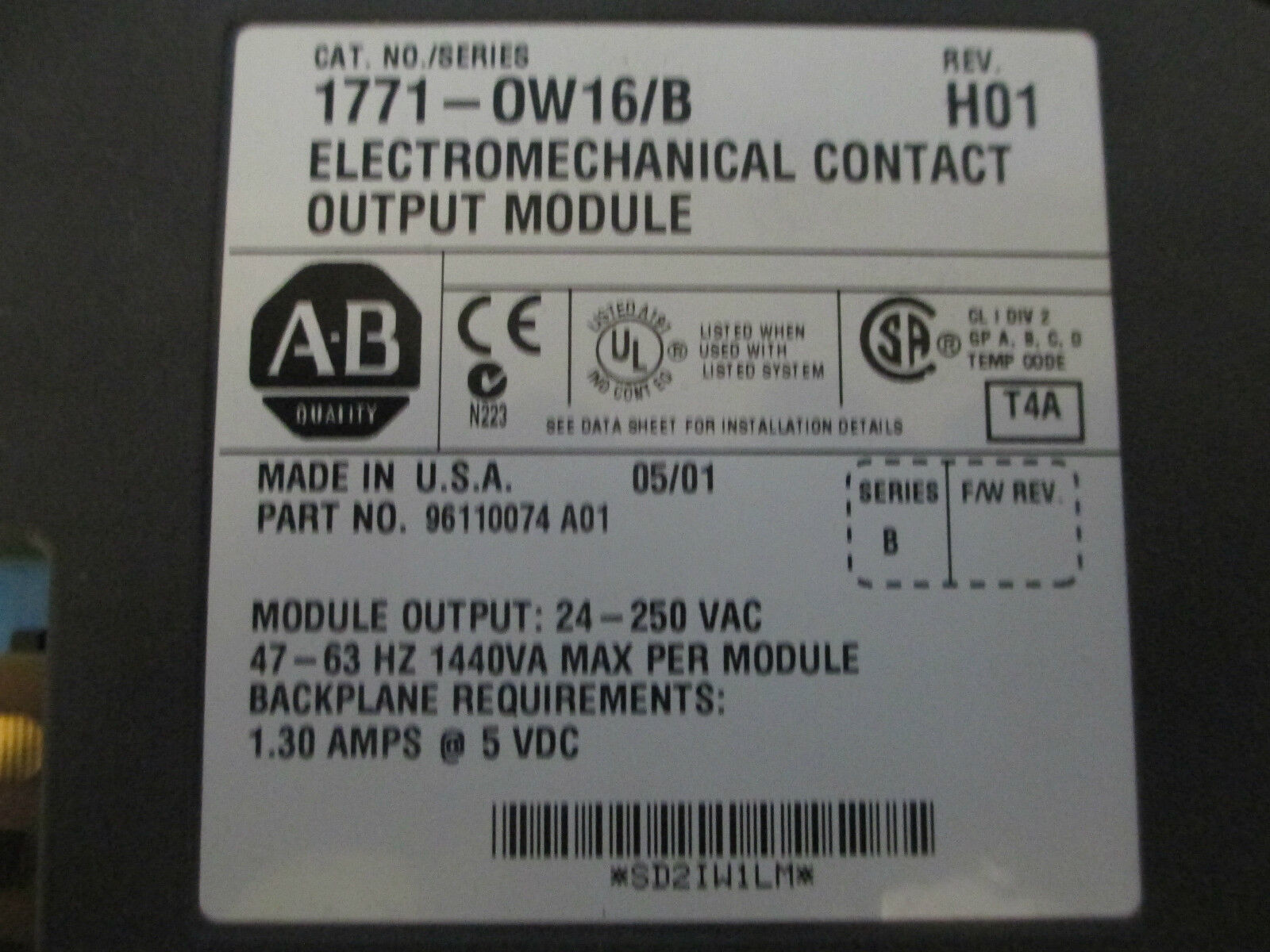 Allen-Bradley PLC Board 1771-OW16/B, Electromechanical Contact Output Module