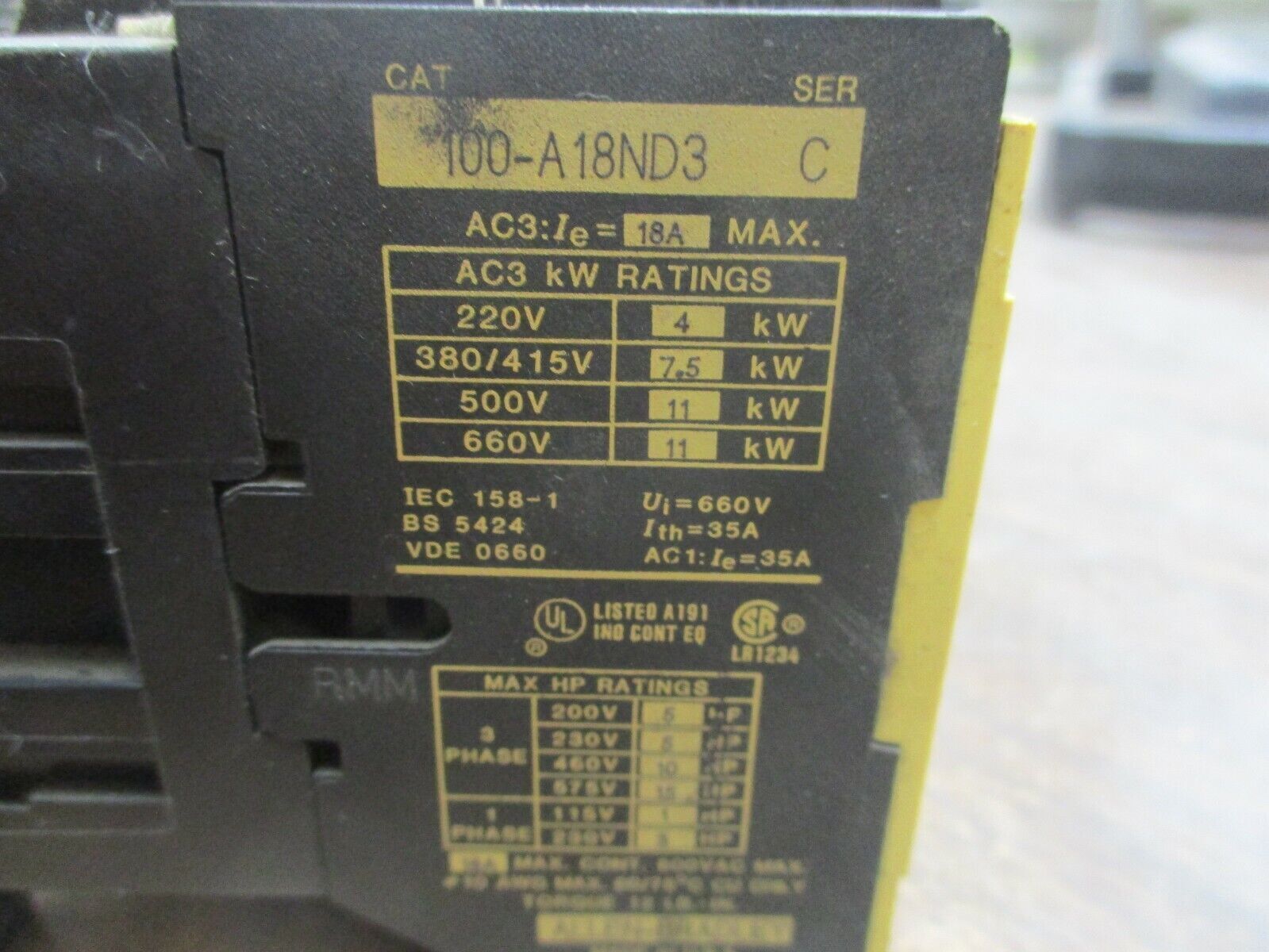 Allen-Bradley Contactor 100-A18ND3 120V Coil 18A 600V Used
