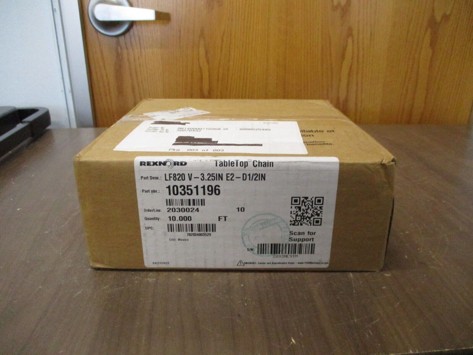 Rexnord Tabletop Chain 10351196 LF820 V-3.25IN E2-D1/2IN Length: 10FT