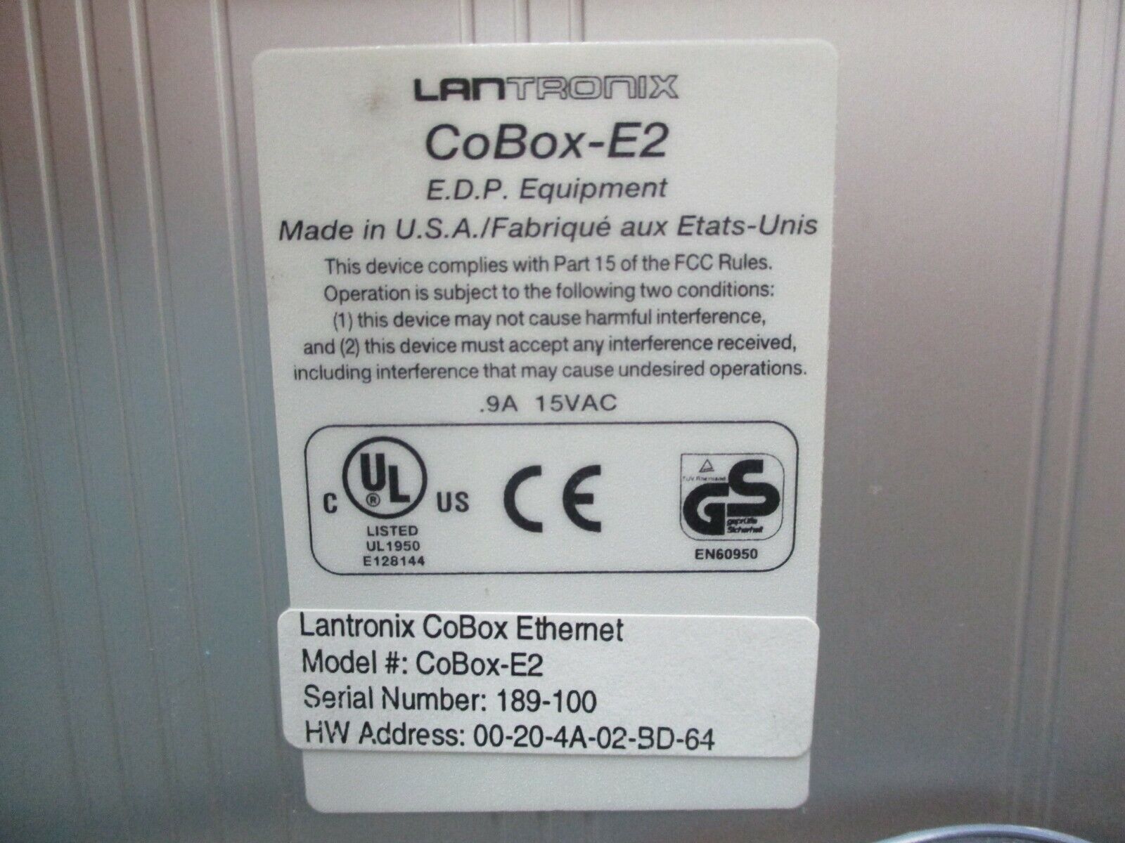 Lantronix CoBox Ethernet CoBox-E2 0.9A 15VAC Used