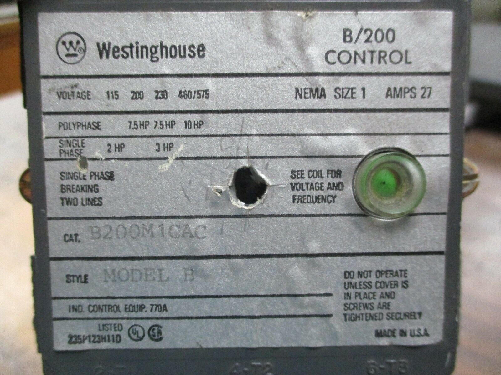 Westinghouse Size 1 Starter B200M1CAC 120V Coil 27A *Missing Reset* Used