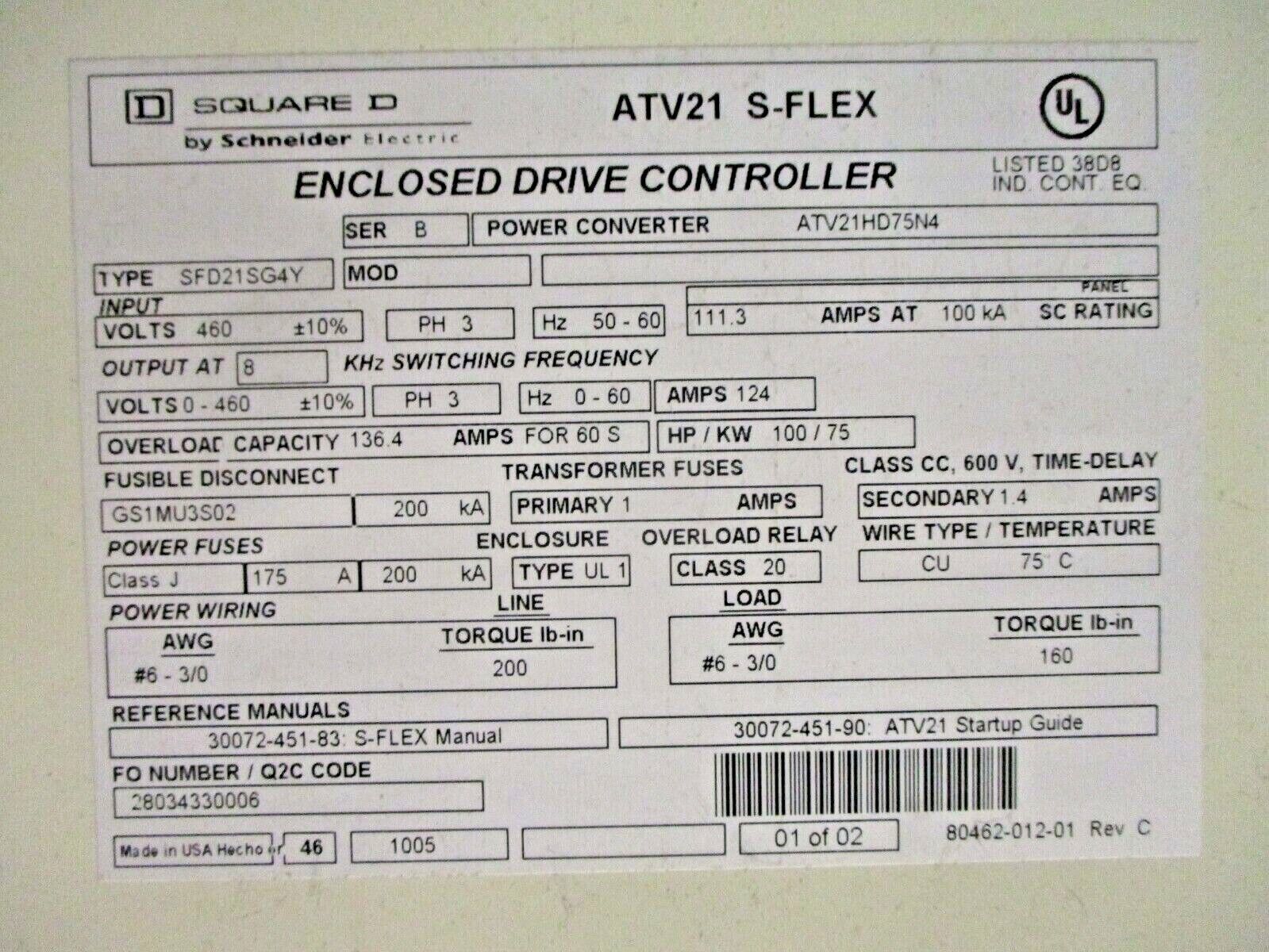 Square D ATV21 S-Flex AC Drive w/ Bypass ATV21HD75N4 100HP 3Ph Used