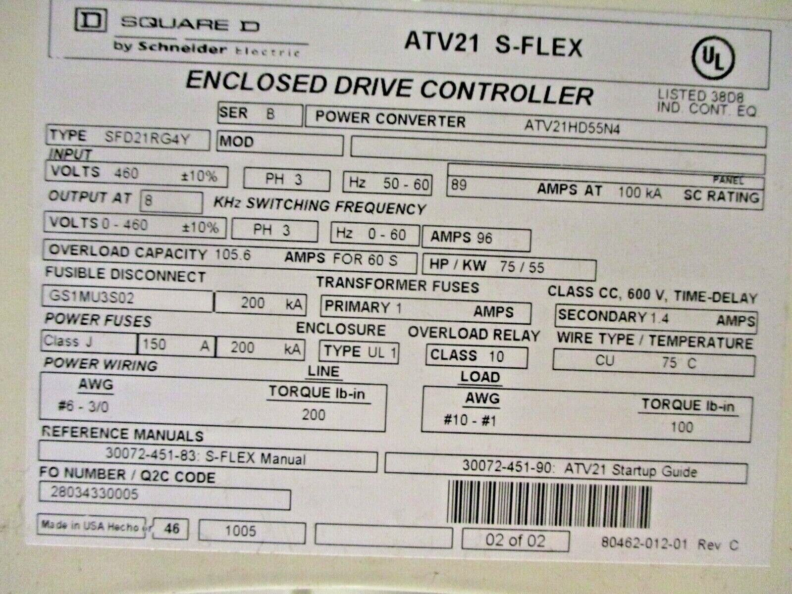 Square D ATV21 S-Flex AC Drive w/ Bypass ATV21HD55N4 75HP 3Ph w/ Disconnect Used
