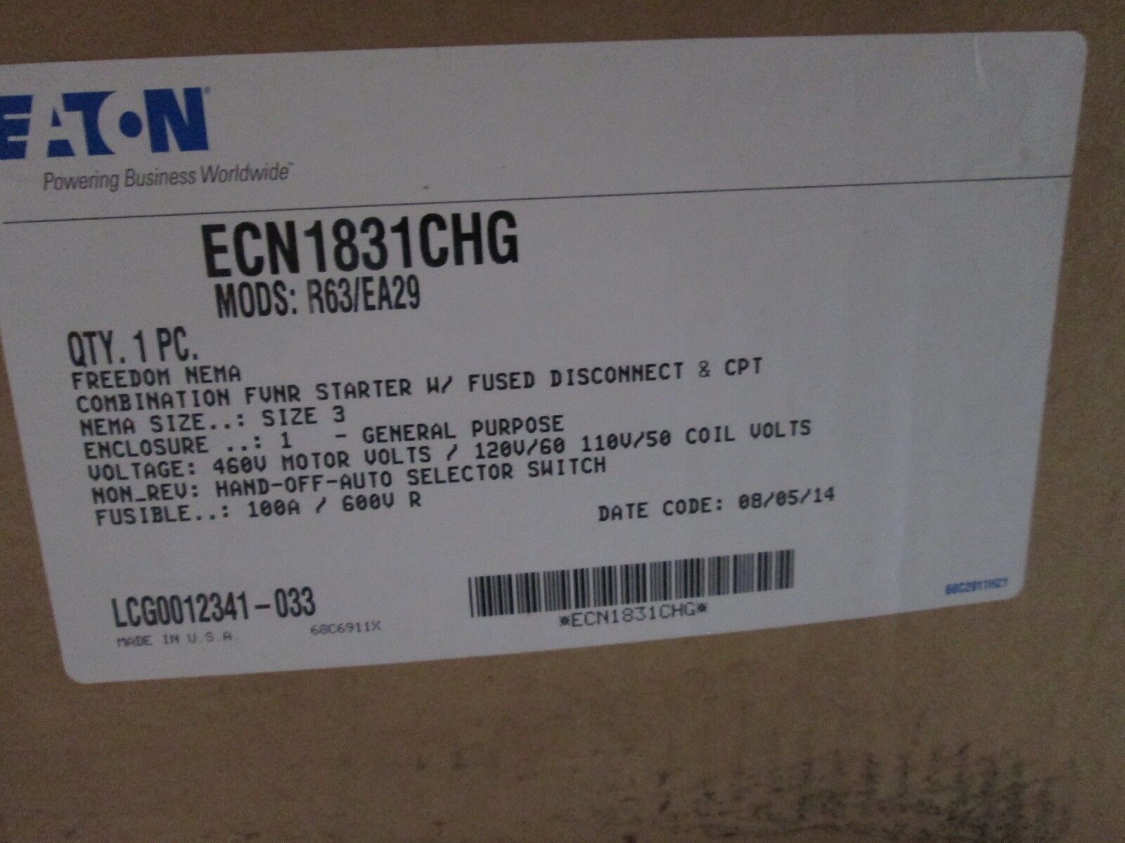Eaton Fusible Combination ECN1831CHG Size 3 120V Coil nema 1 Enc. New Surplus