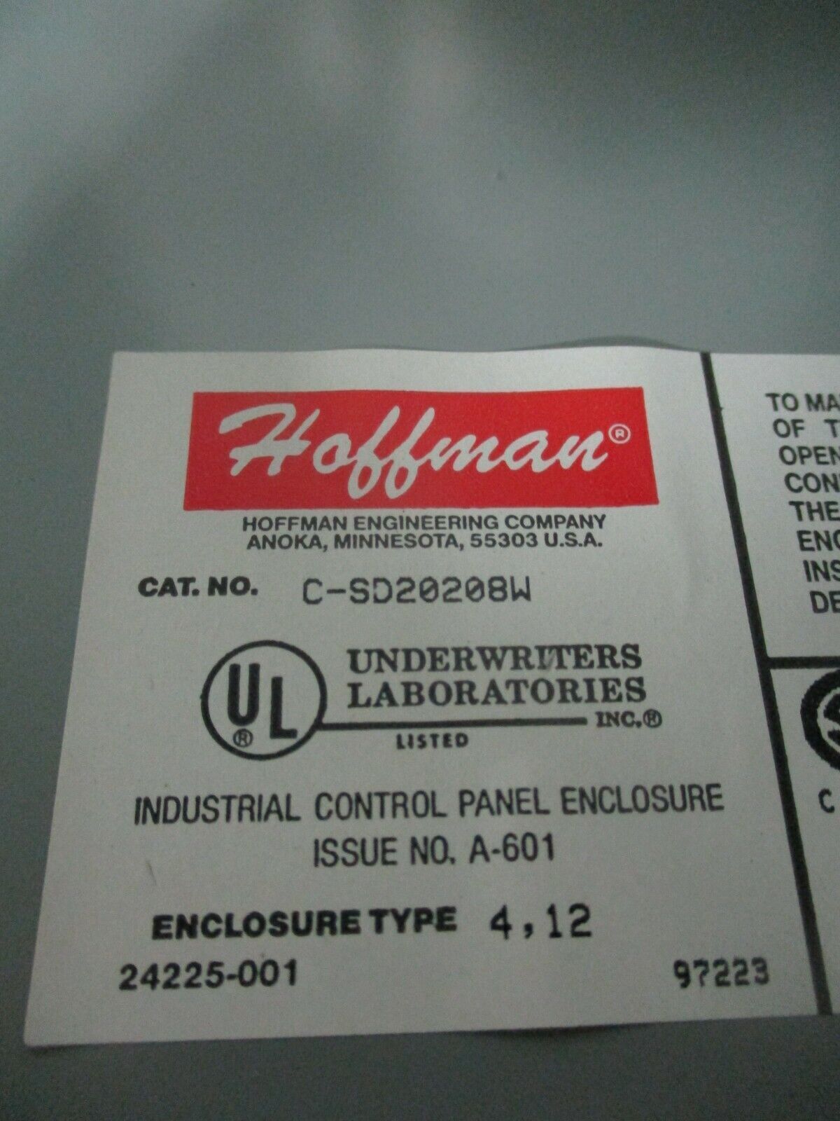 Hoffman Type 4,12 Enclosure C-SD20208W Size: 20x20x8" *No Box* New Surplus