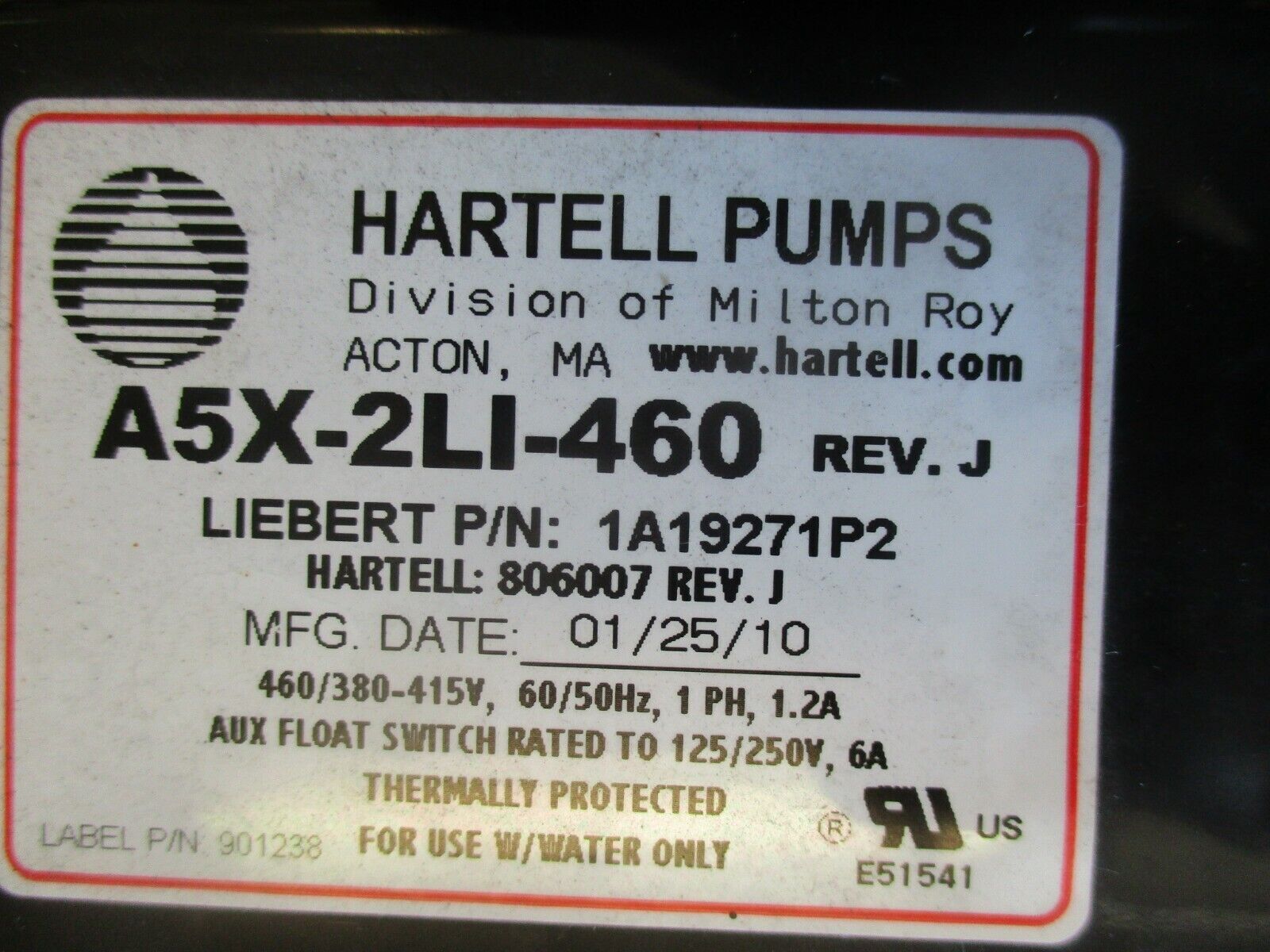 Hartell Condensate Pump A5X-2LI-460 Rev. J 460/380-415V 60/50HZ 1Ph 1.2A Used