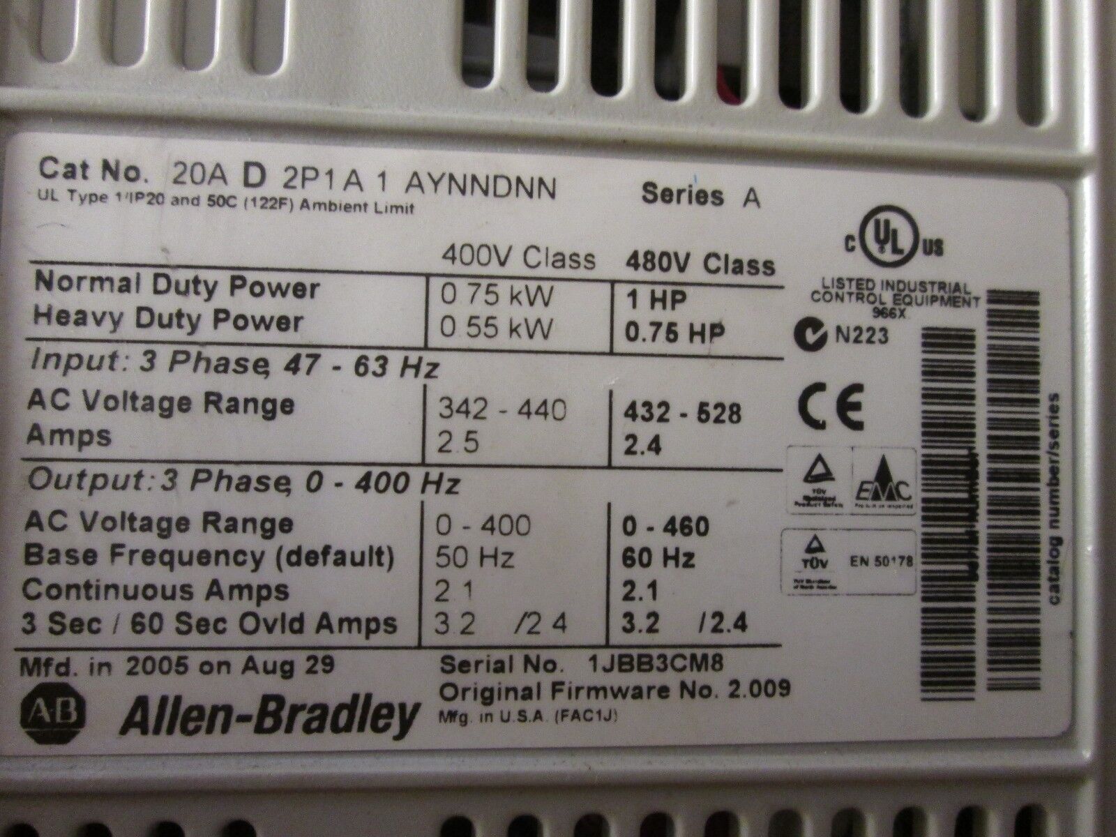 Allen-Bradley PowerFlex70 AC Drive 20A D 2P1A 1 AYNNDNN 1HP 3Ph Used