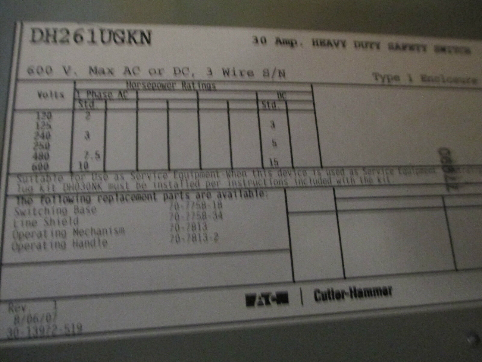 Cutler-Hammer Safety Switch DH261UGKN 30A 600V 2P 3W Non-Fusible New Surplus