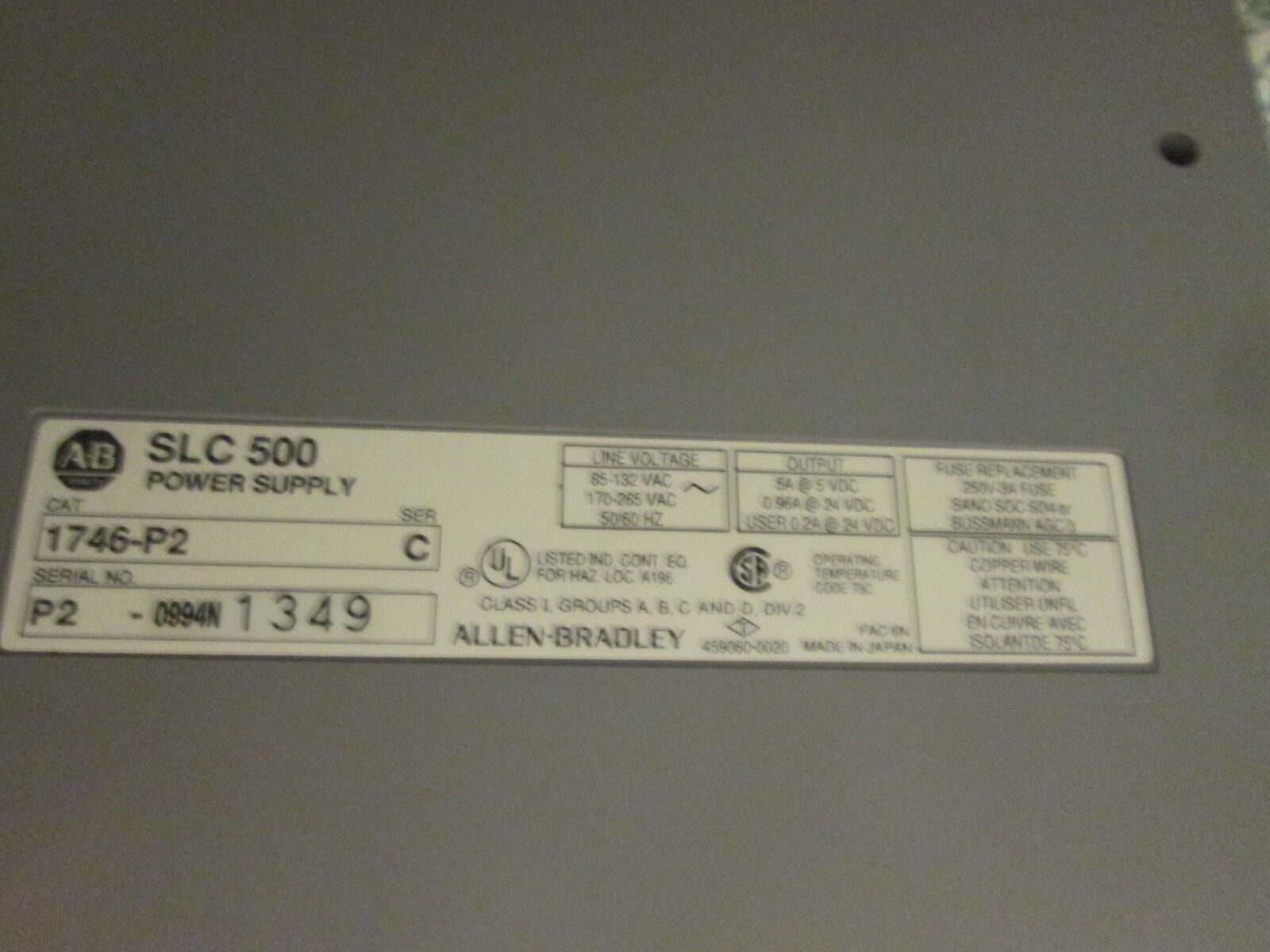 Allen-Bradley SLC 500 PLC Rack w/ Power Supply 1746-A7 / 1746-P2 7-Slot Used