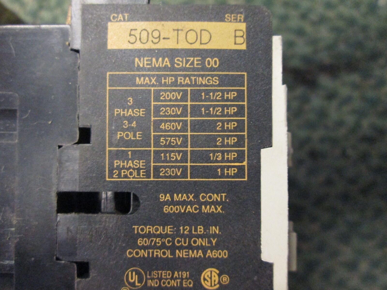 Allen-Bradley Starter 509-TOD Size 00 9A 600V 120V Coil Used