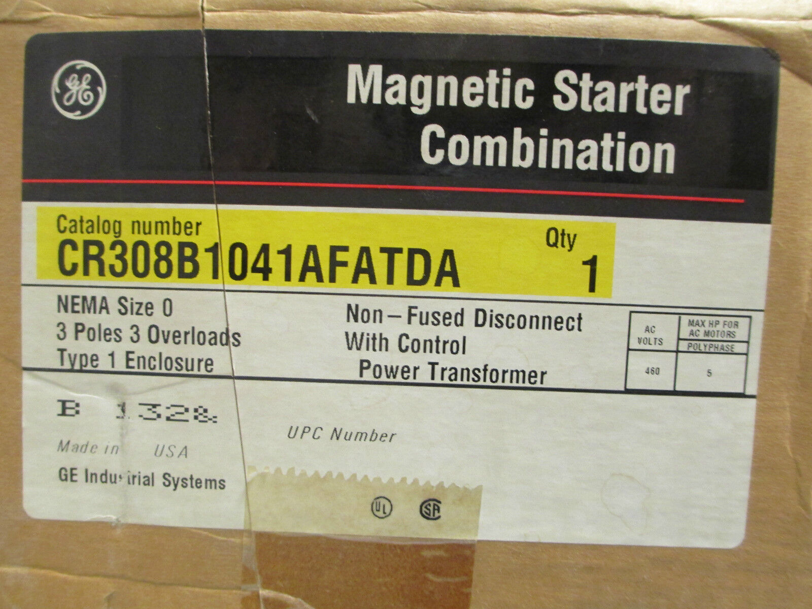 GE Combination CR308B1041AFATDA, Size 0 Non-Fused Disconnect 3P, New Surplus