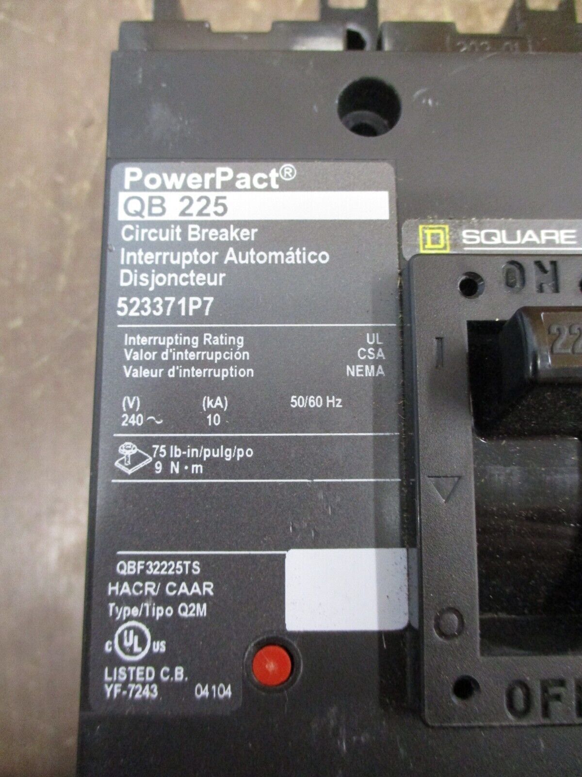 Square D PowerPact QB 225 Circuit Breaker QBF32225TS 225A 240V 3P Used