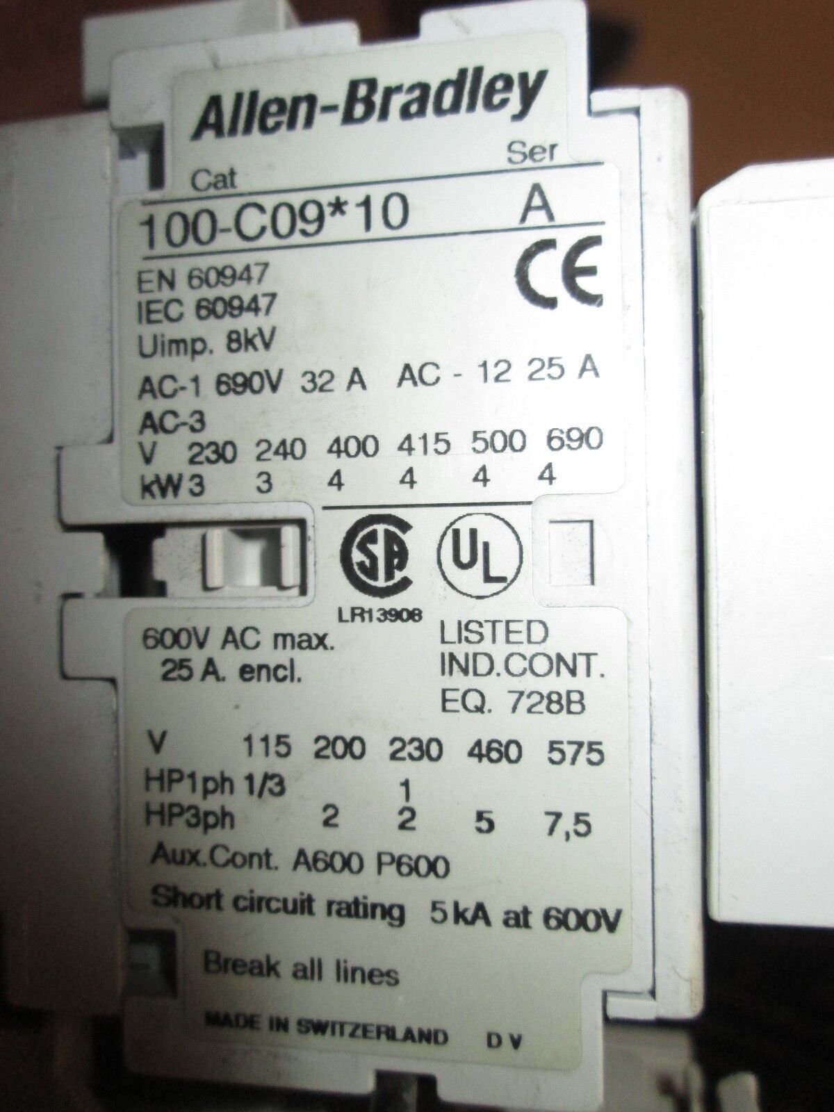 Allen-Bradley Contactor 100-C09*10 193-EA4DB 100-F 600V 25A 120V Coil Used