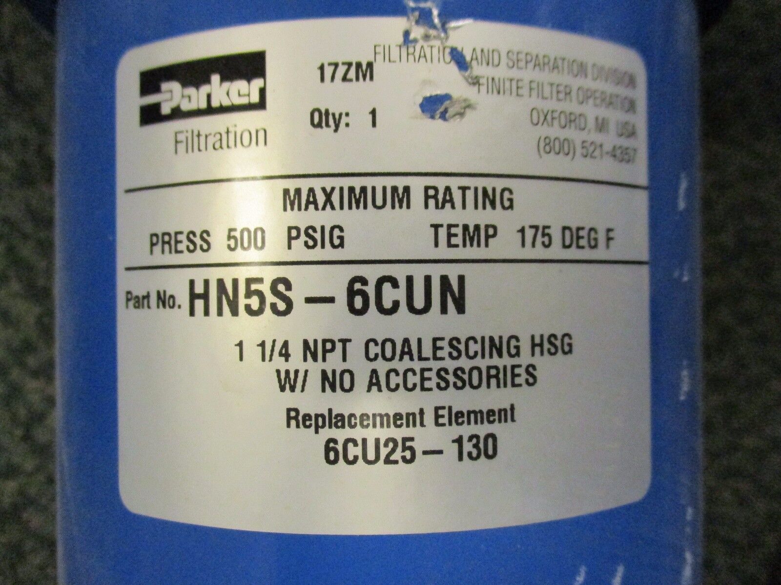 Parker Finite Filters HN5S-10CUG / HN5S-6CUN 500PSIG 175°F Used