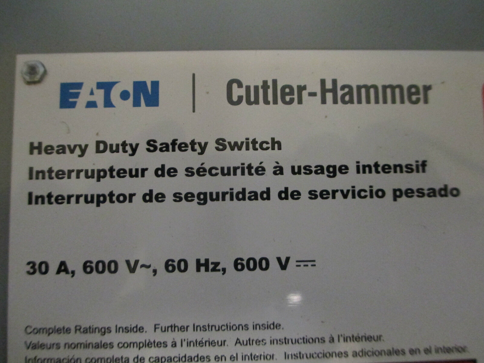 Cutler-Hammer Safety Switch DH261URKN 30A 600V 2P 3W Non-Fusible New Surplus