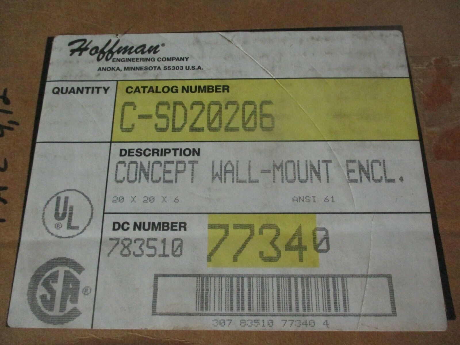 Hoffman Concept Type 4,12 Enclosure C-SD20206 Size: 20x20x6" New Surplus