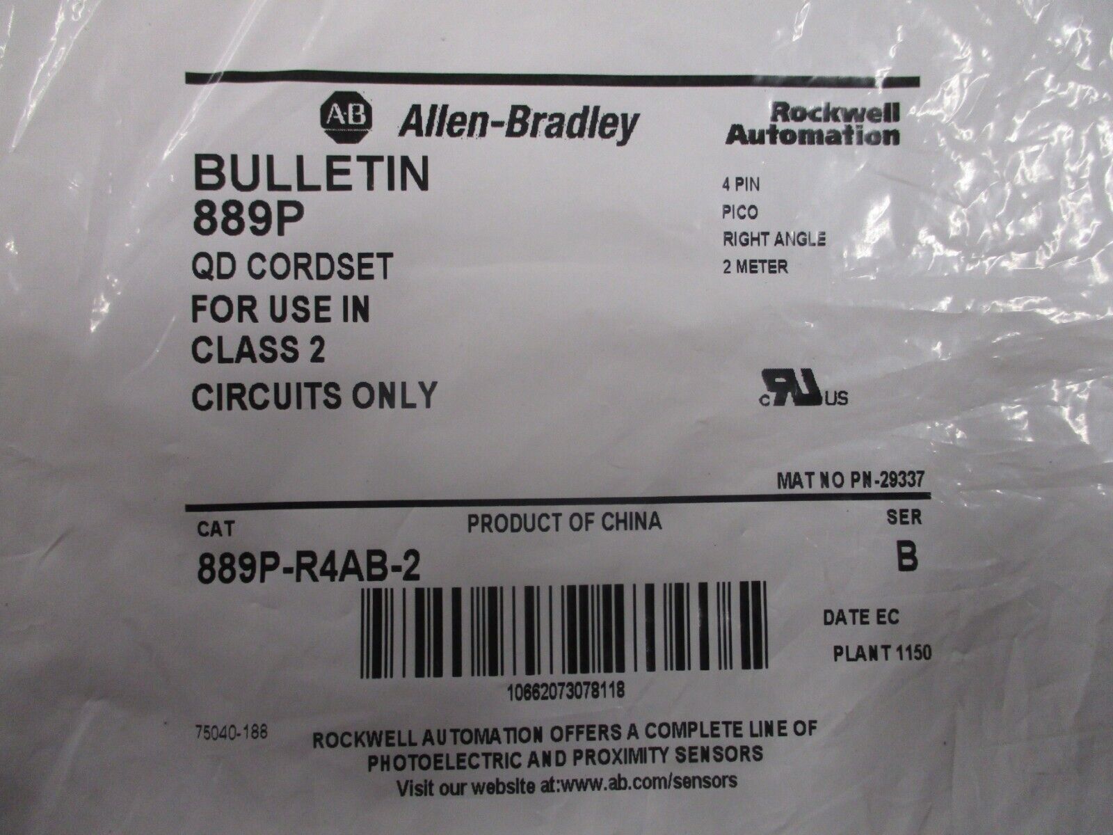 Allen-Bradley QD Cordset 889P-R4AB-2 Ser. B 2 Meter Pico Right Angle New Surplus