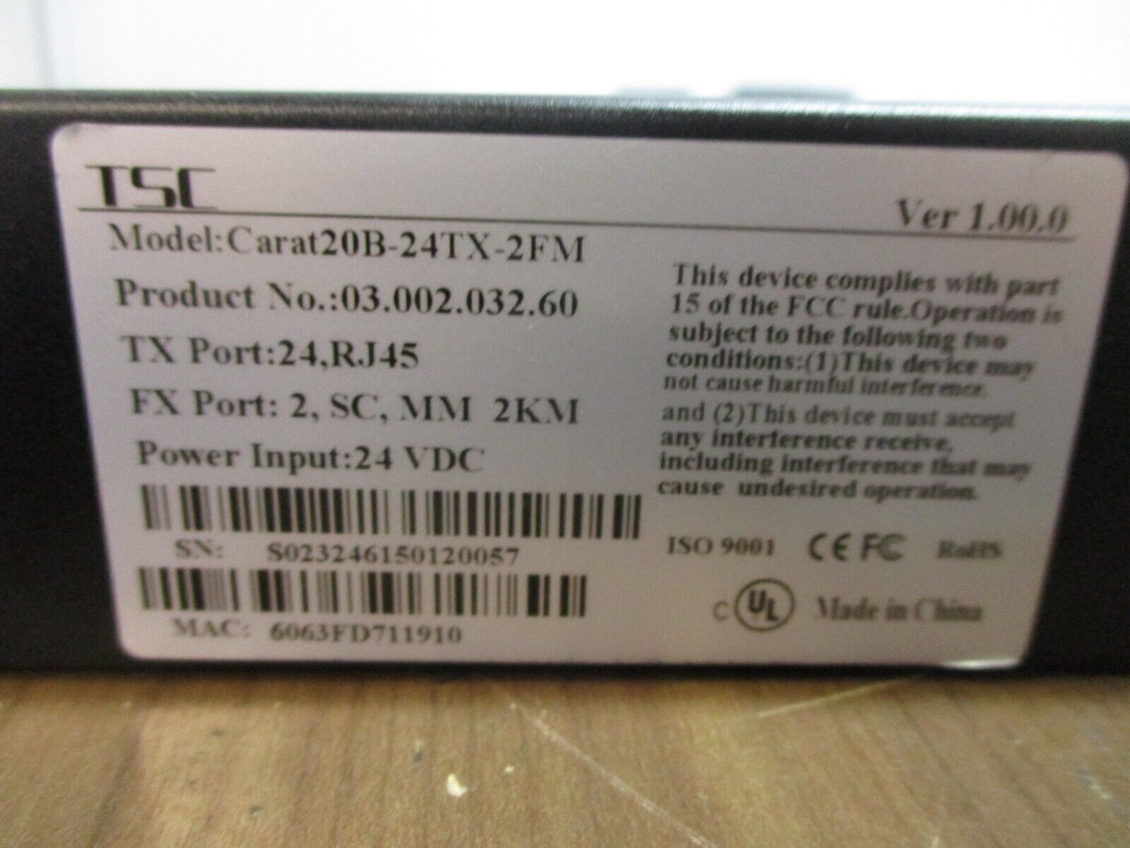 TSC Industrial Ethernet Switch Carat20B-24TX-2FM TX Port: 24, RJ45 24VDC Used