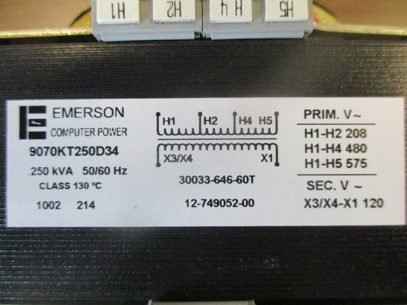 Emerson Transformer 9070KT250D34 0.250KVA Pri: 208/480/575V Sec: 120V Used