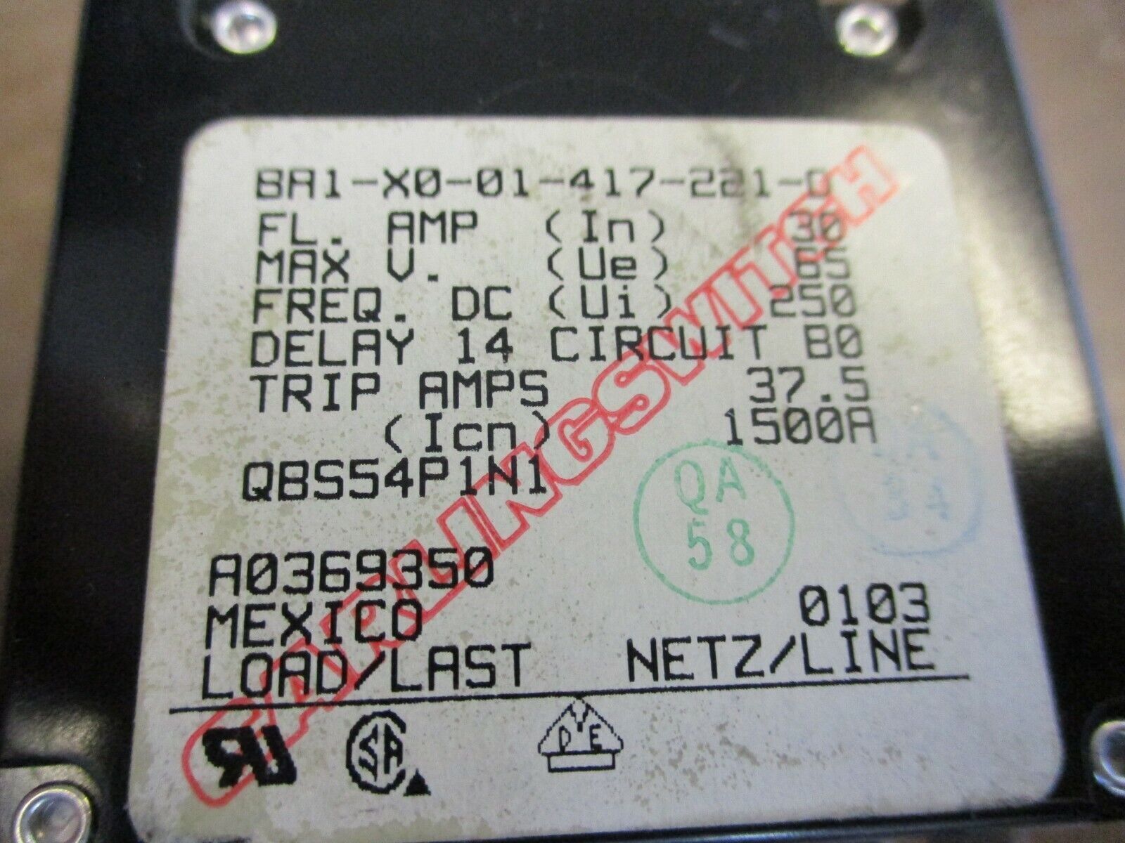 Carling DC Circuit Breaker BA1-X0-01-417-221-0 30A 65V 1P *Lot of 3* Used