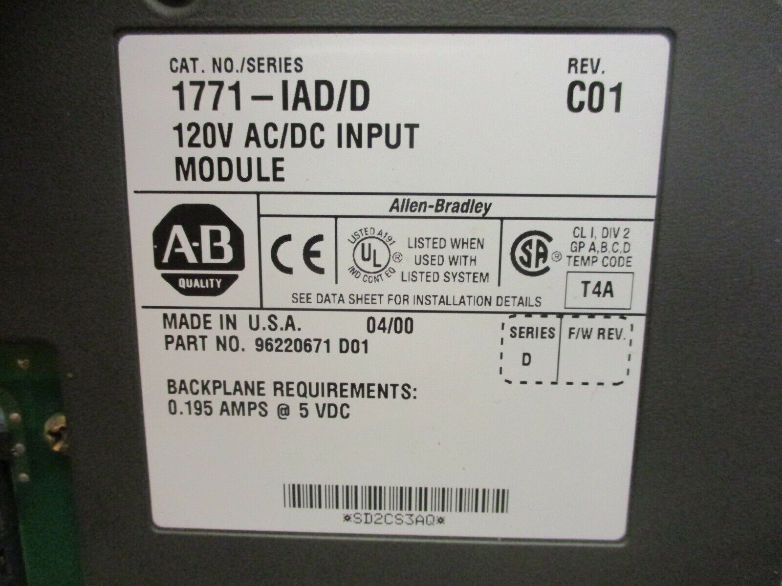 Allen-Bradley AC/DC Input Module 1771-IAD/D Rev. C01 120V Used