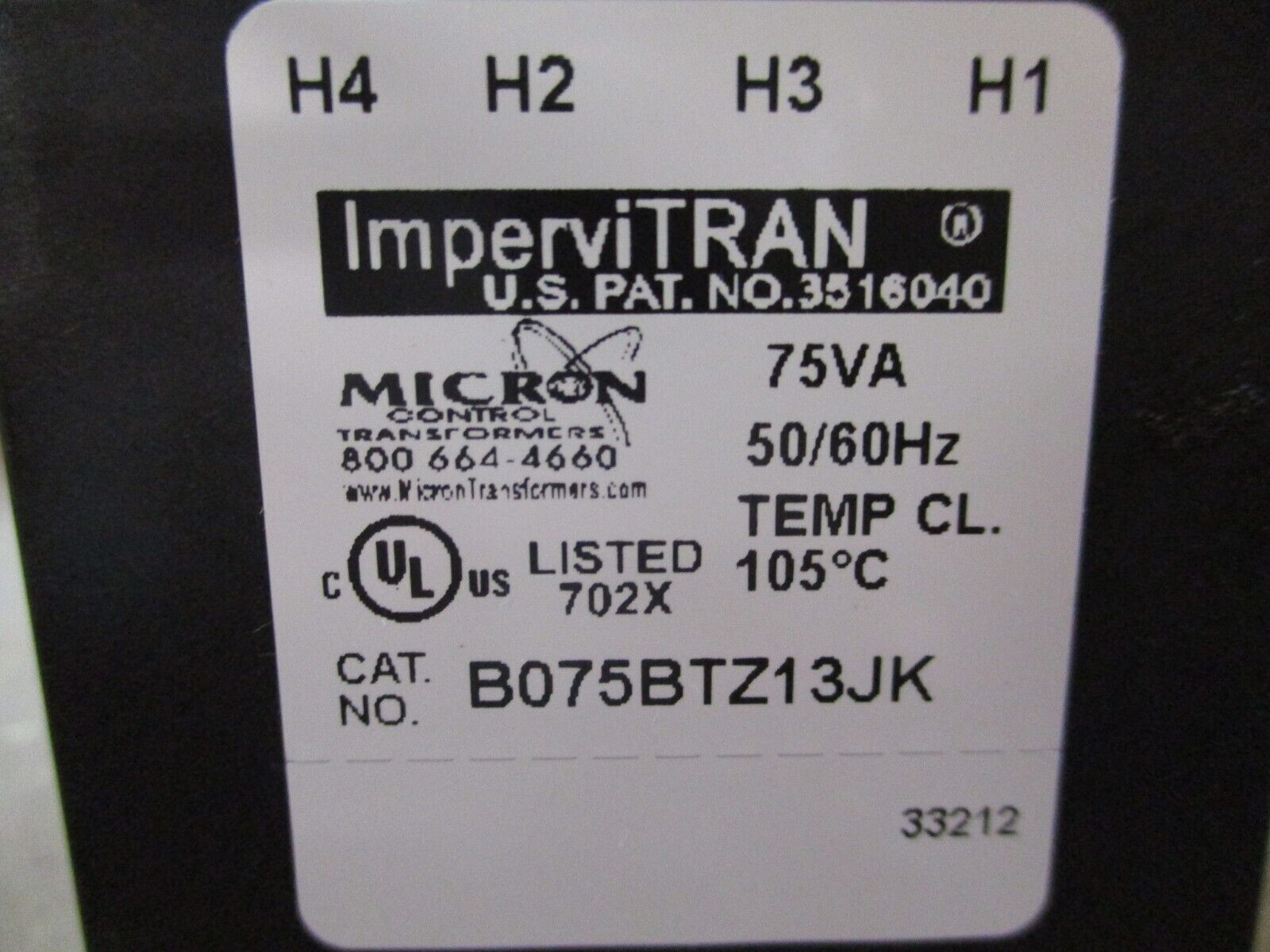Micron ImperviTRAN Control Transformer B075BTZ13JK 75 VA Pri: 240/480V Sec: 120V