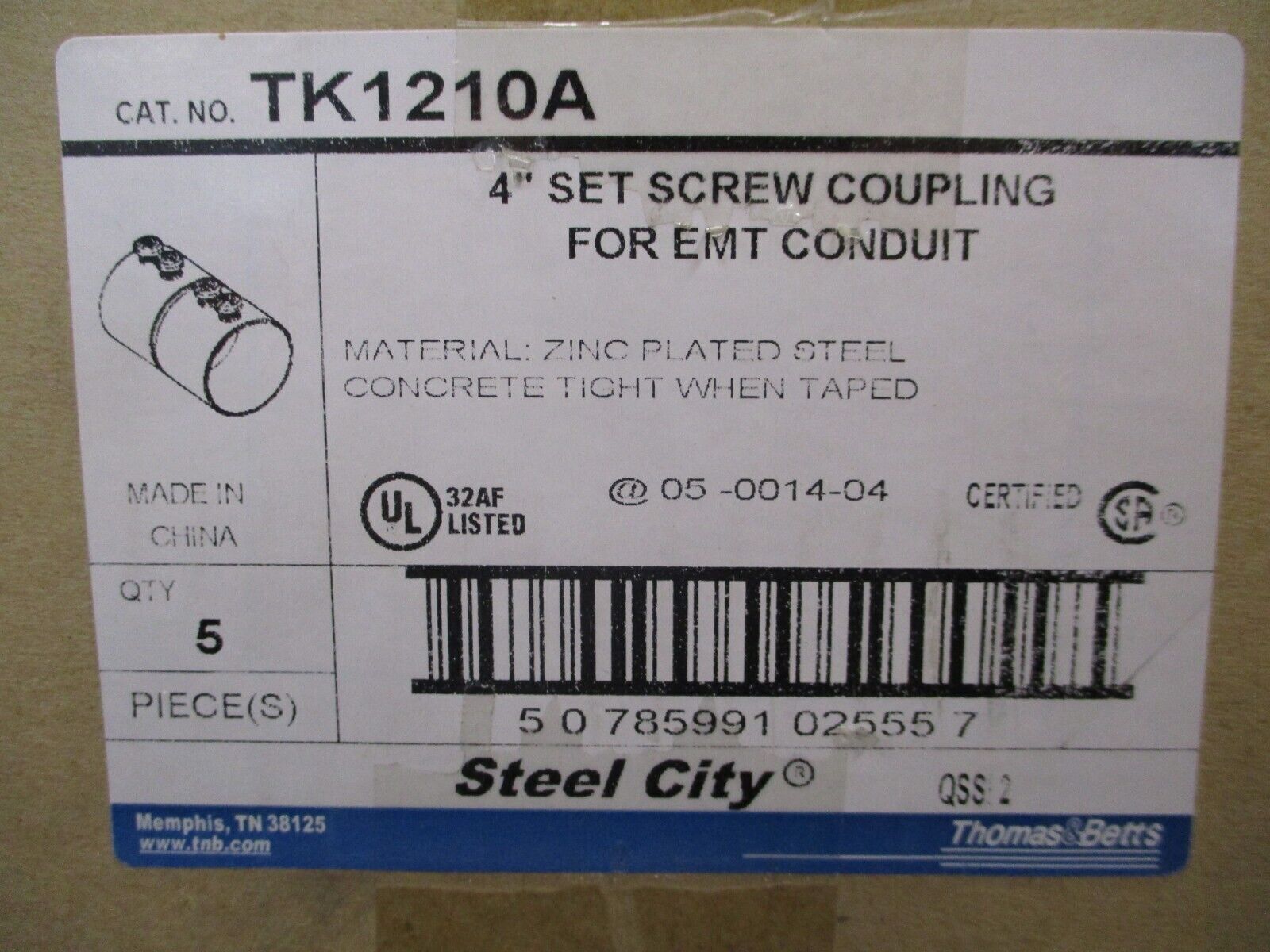 Thomas & Betts Set Screw Coupling TK1210A For EMT Conduit 4" *Box of 5*
