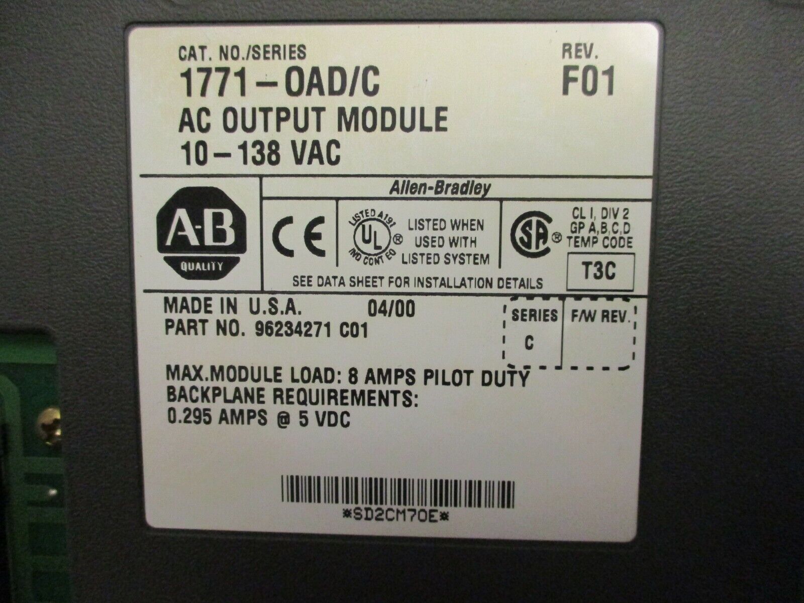Allen-Bradley AC Output Module 1771-OAD/C Rev. F01 Ser. C 10-138VAC Used