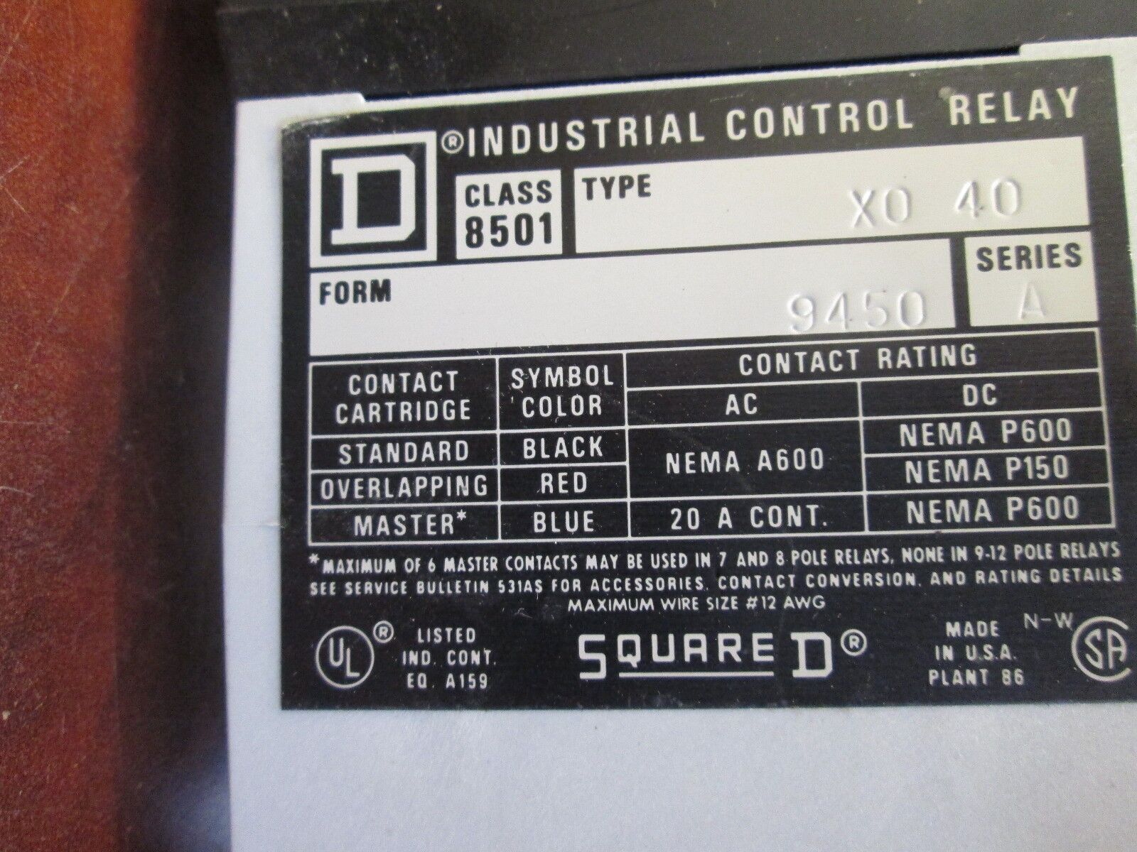 Square D Timing Relay 8501XTE1 Range: .2-60 Sec 120V Coil Used