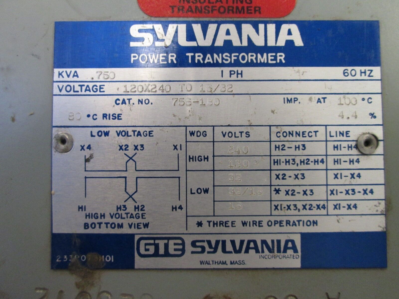 Sylvania Buck Boost Transformer 756-1B0 Pri 120/240V Sec 16/32V .750KVA 1Ph Used