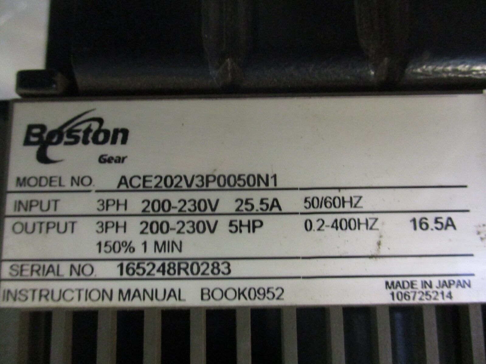 Boston Gear ACE 20 AC Drive ACE202V3P0050N1 5HP 3Ph w/ Keypad Used