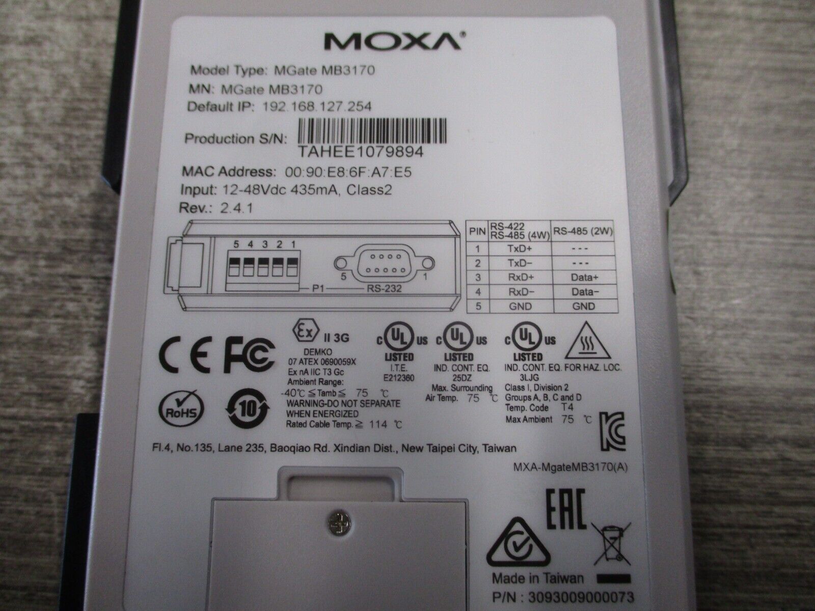 Moxa MGate Module MB3170 Rev. 2.4.1 12-48VDC 435mA Used