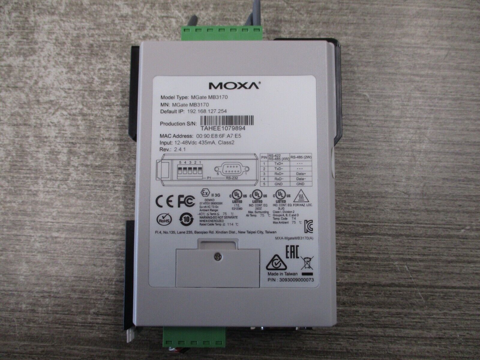Moxa MGate Module MB3170 Rev. 2.4.1 12-48VDC 435mA Used