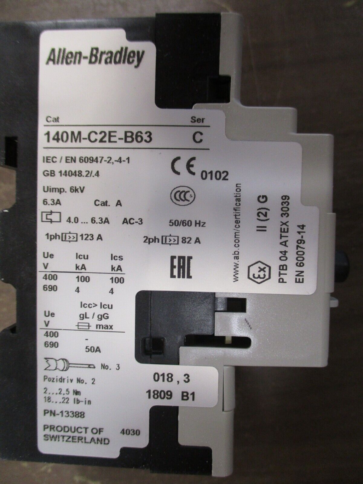Allen-Bradley Manual Motor Protector 140M-C2E-B63 Ser. C Trip: 4.0-6.3A