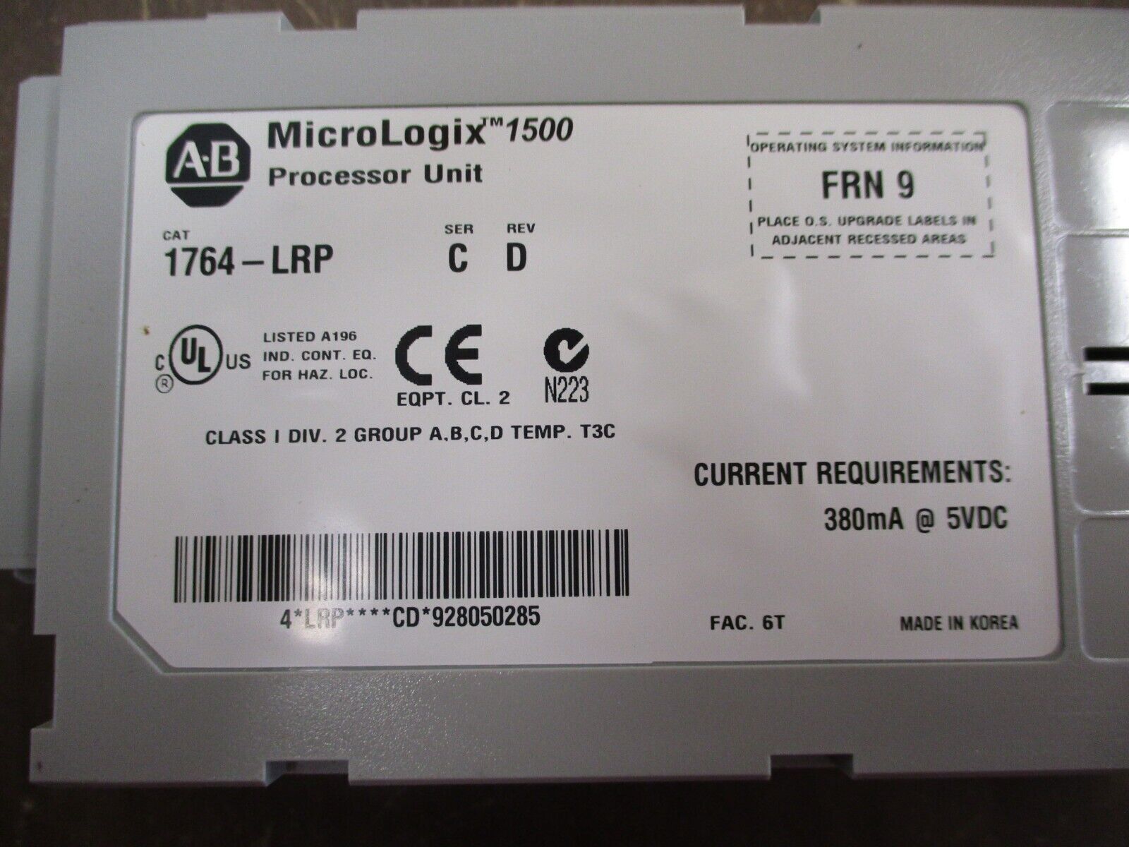 Allen-Bradley MicroLogix 1500 Processor Unit 1764-LRP Ser. C Rev. D FRN 9 Used