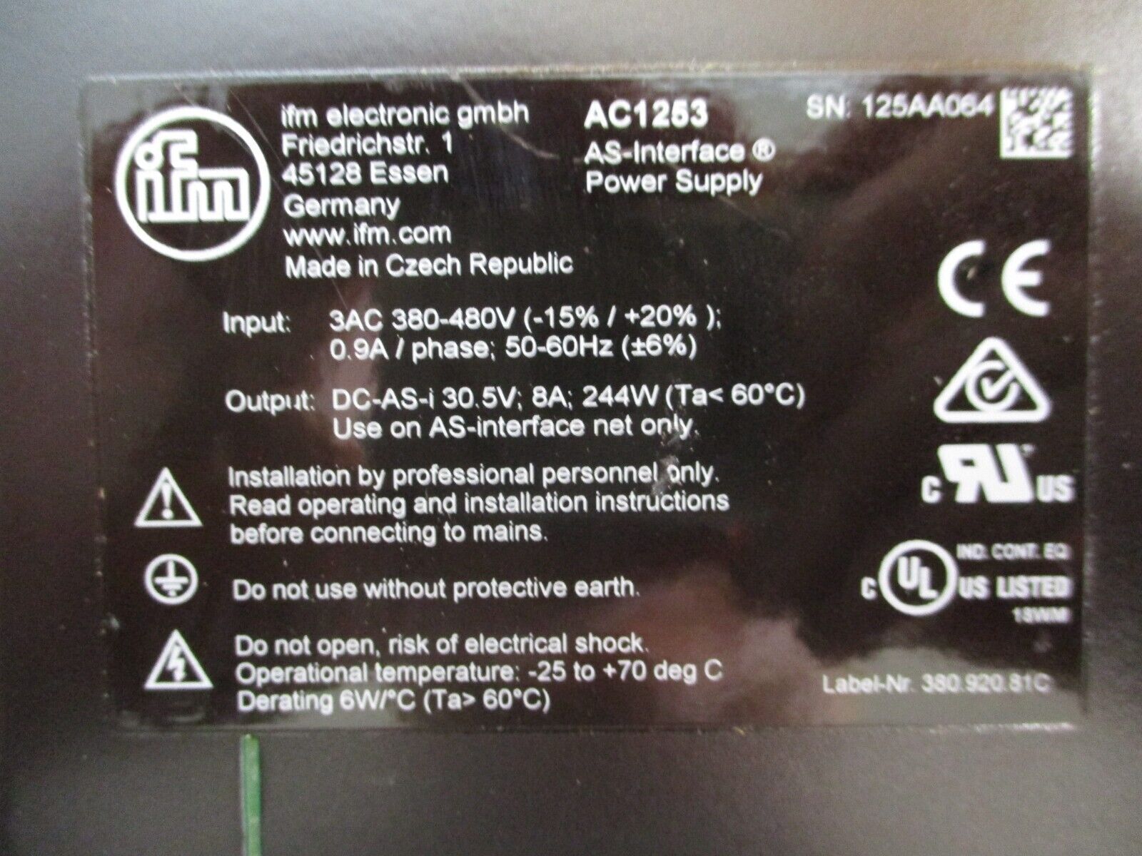 IFM AS-i Power Supply AC1253 Output: 30.5V 8A 244W Used