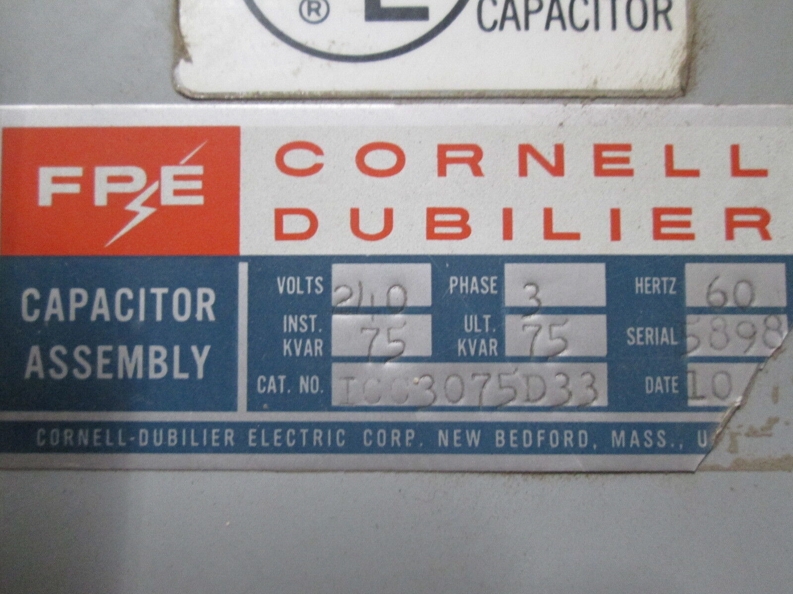 FPE Capacitor Assembly ICC3075D33 75KVAR 240V 3Ph 60Hz Used