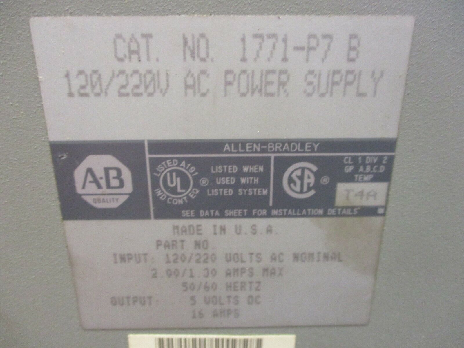 Allen-Bradley Power Supply 1771-P7 B Used