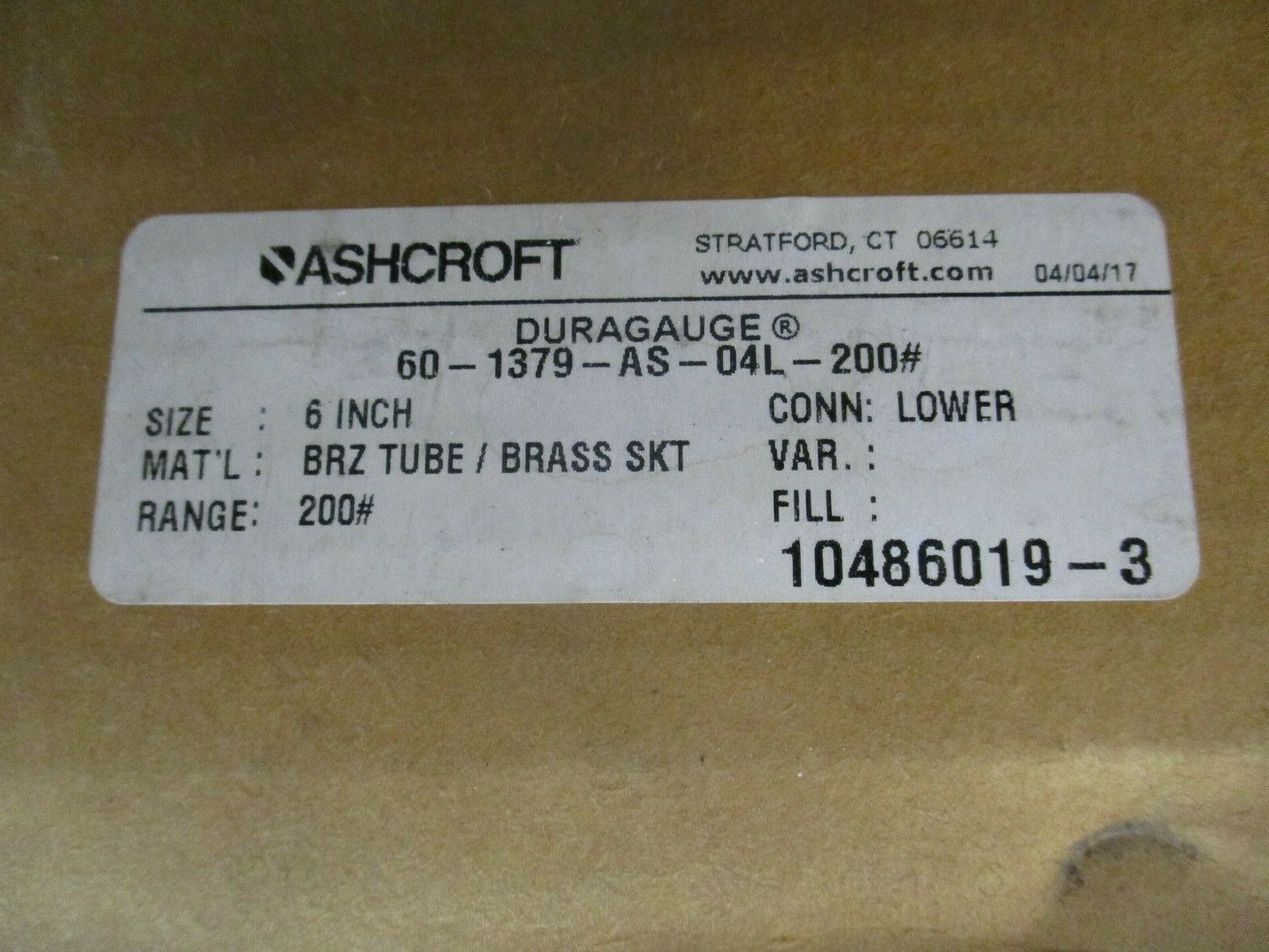Ashcroft Duragauge Pressure Gauge 60-1379-AS-04L-200# Size: 6" Range: 0-200PSI