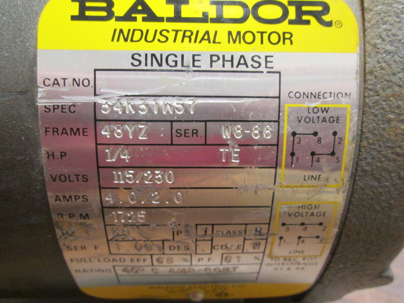 Baldor AC Motor FR: 48YZ 1/4HP 1800RPM 115/230V 4.0/2.0A 1Ph Used